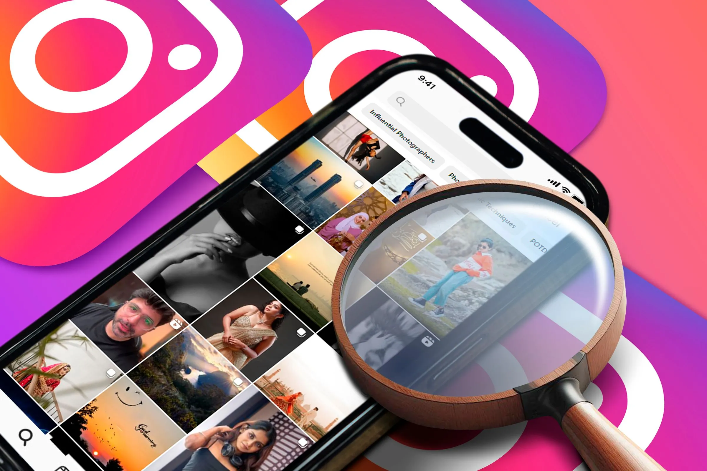 Điện thoại hiển thị trang Khám phá của Instagram với biểu tượng kính lúp, minh họa chức năng tìm kiếm trên ứng dụng