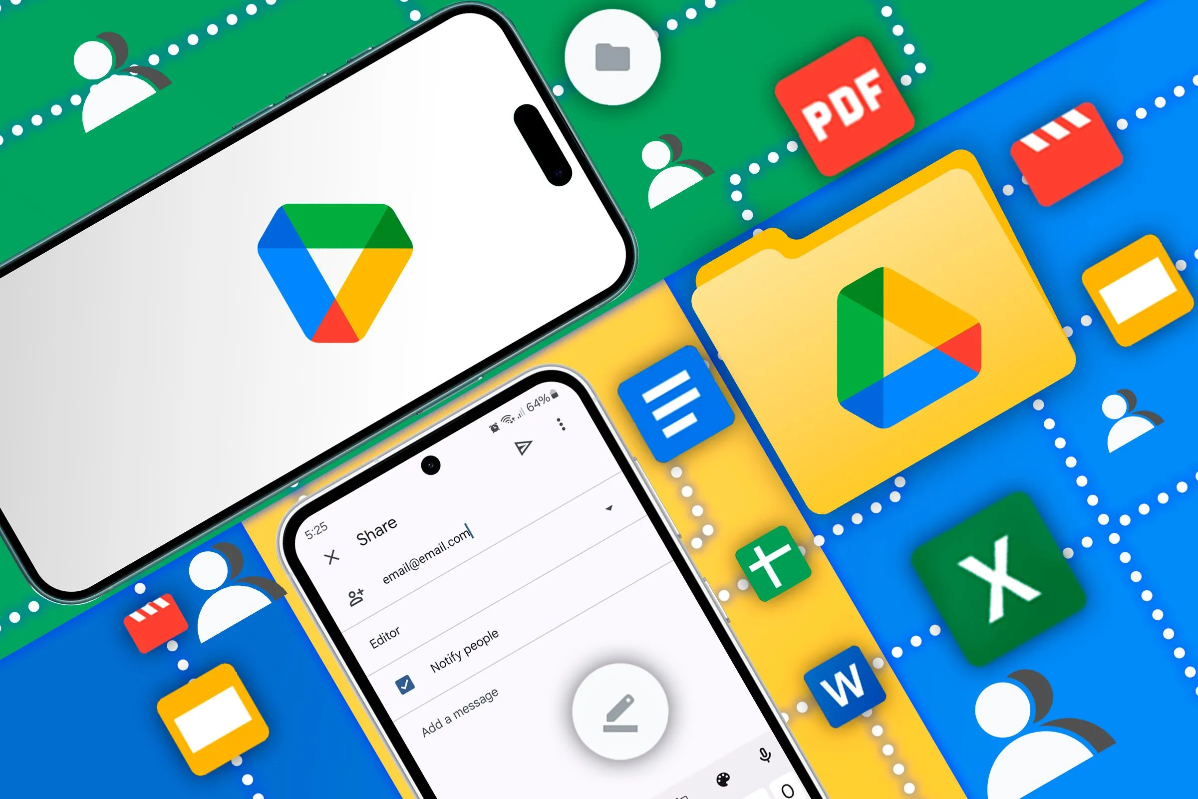 Điện thoại iPhone và Android hiển thị logo Google Drive và màn hình chia sẻ thư mục, minh họa tính năng cộng tác của lưu trữ đám mây miễn phí Google Drive