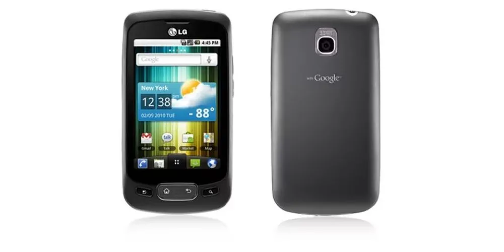 Điện thoại LG Optimus One màu đen với màn hình chính hiển thị các biểu tượng