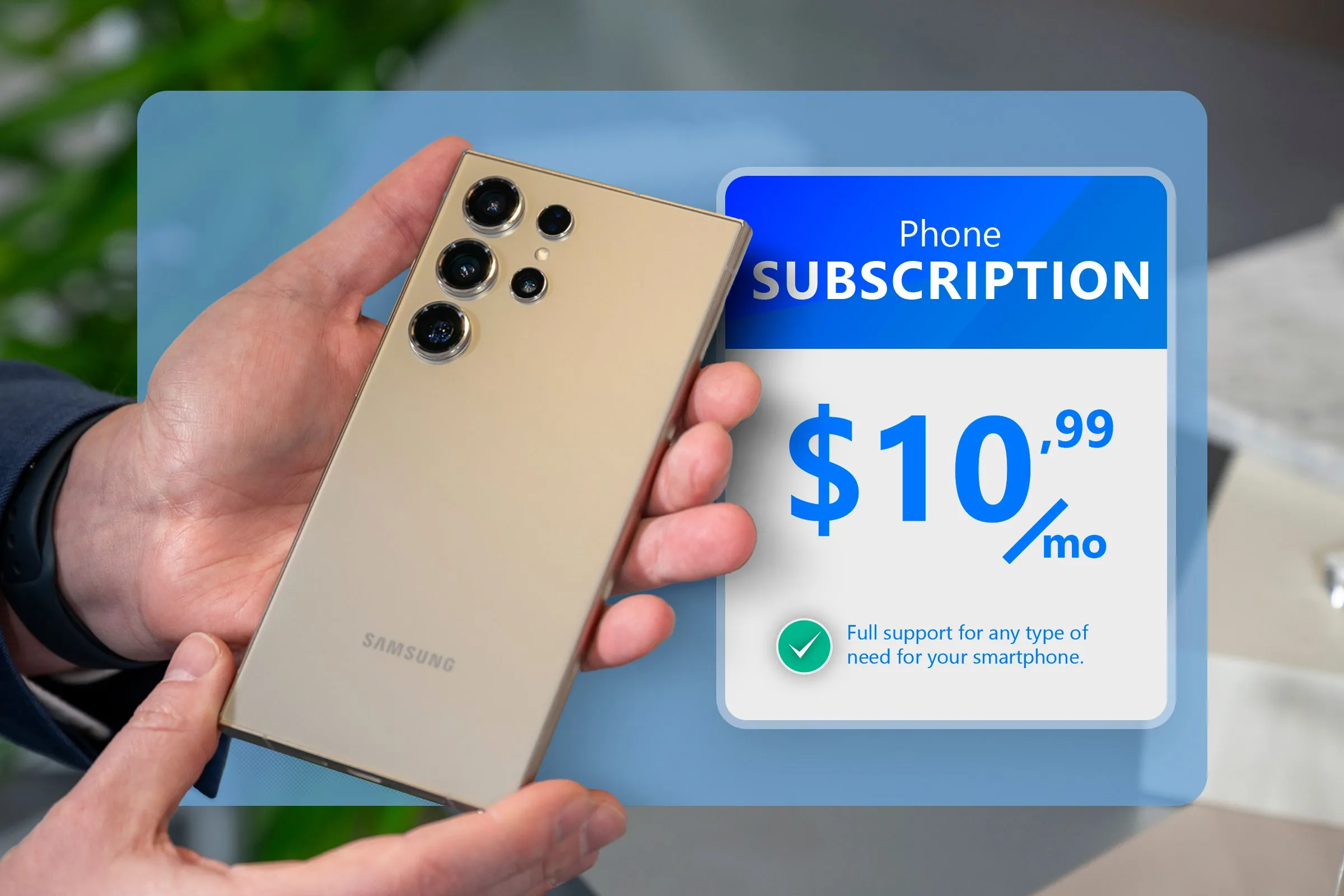 Điện thoại Samsung Galaxy và thẻ đăng ký gói cước di động minh họa việc so sánh giá của các đối thủ cạnh tranh trên thị trường.