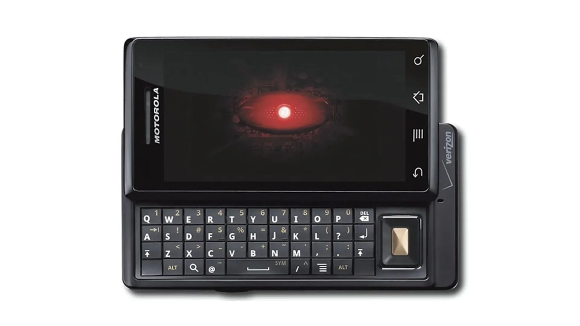 Điện thoại Verizon Motorola Droid màu đen với màn hình trượt, nhìn từ các góc khác nhau