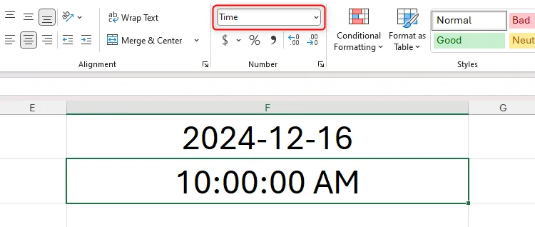 Định dạng thời gian được áp dụng cho ô F2 trong Microsoft Excel