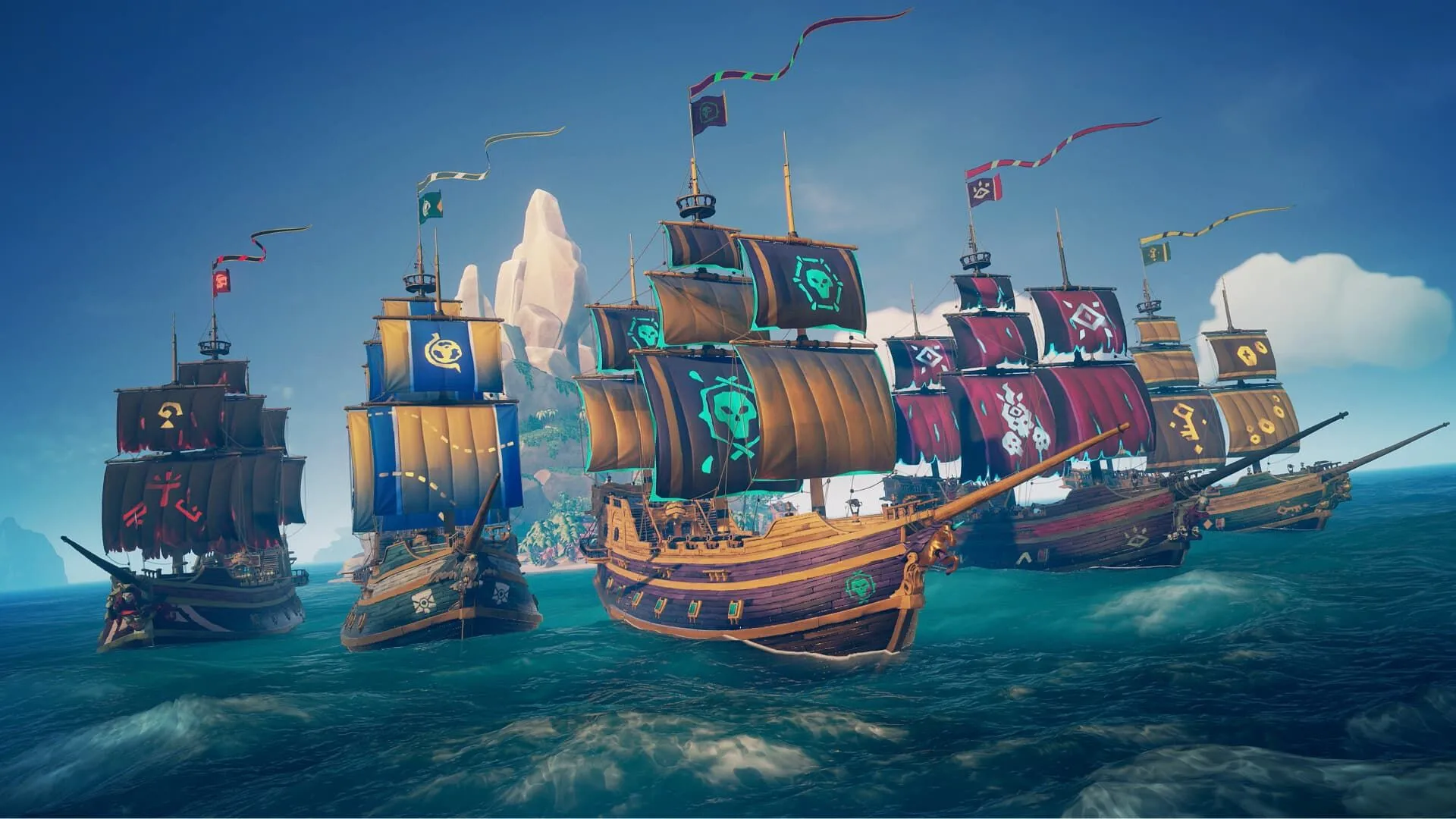 Đoàn thuyền hải tặc trong Sea of Thieves đang rời xa hòn đảo