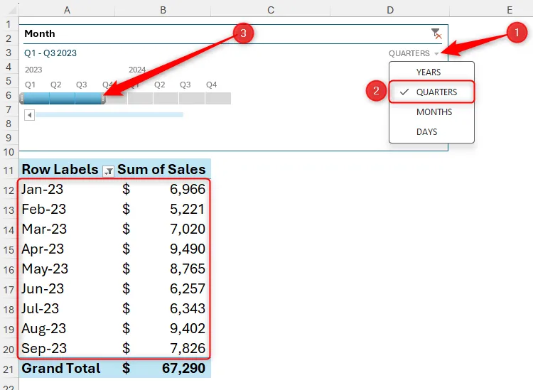 Đơn vị Quarters được chọn trong Timeline của Excel, và ba quý đầu tiên của năm 2023 được chọn.