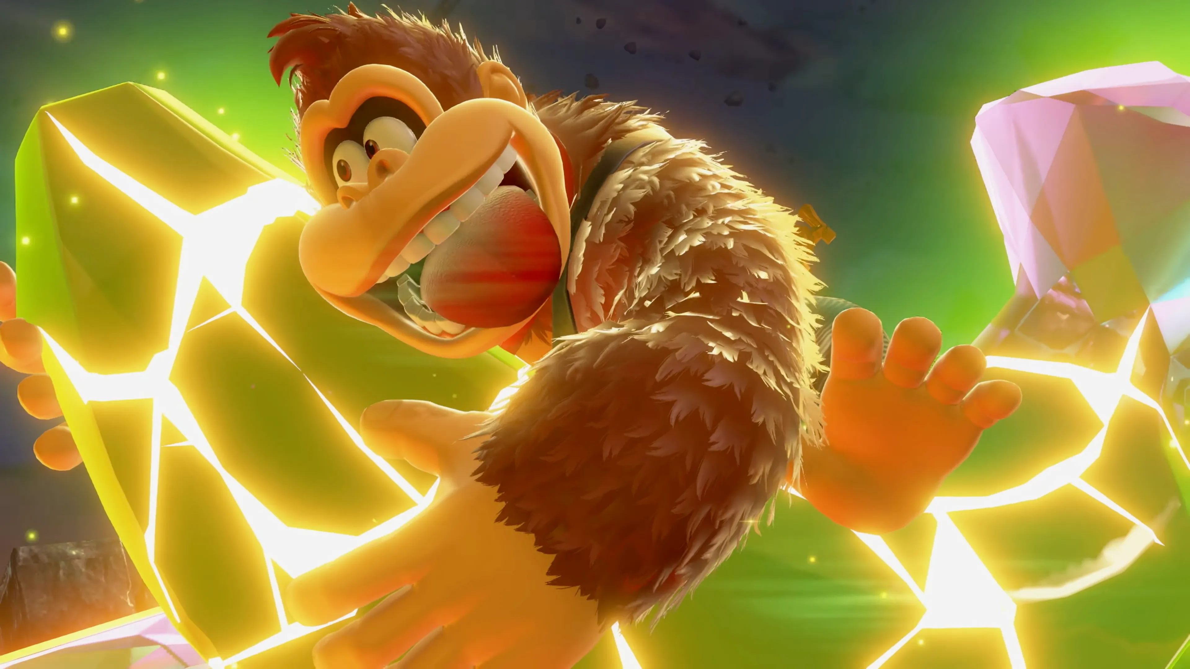 Donkey Kong vui vẻ ôm quả chuối khổng lồ trong game phiêu lưu 3D Donkey Kong Bananza sắp ra mắt trên Switch 2.