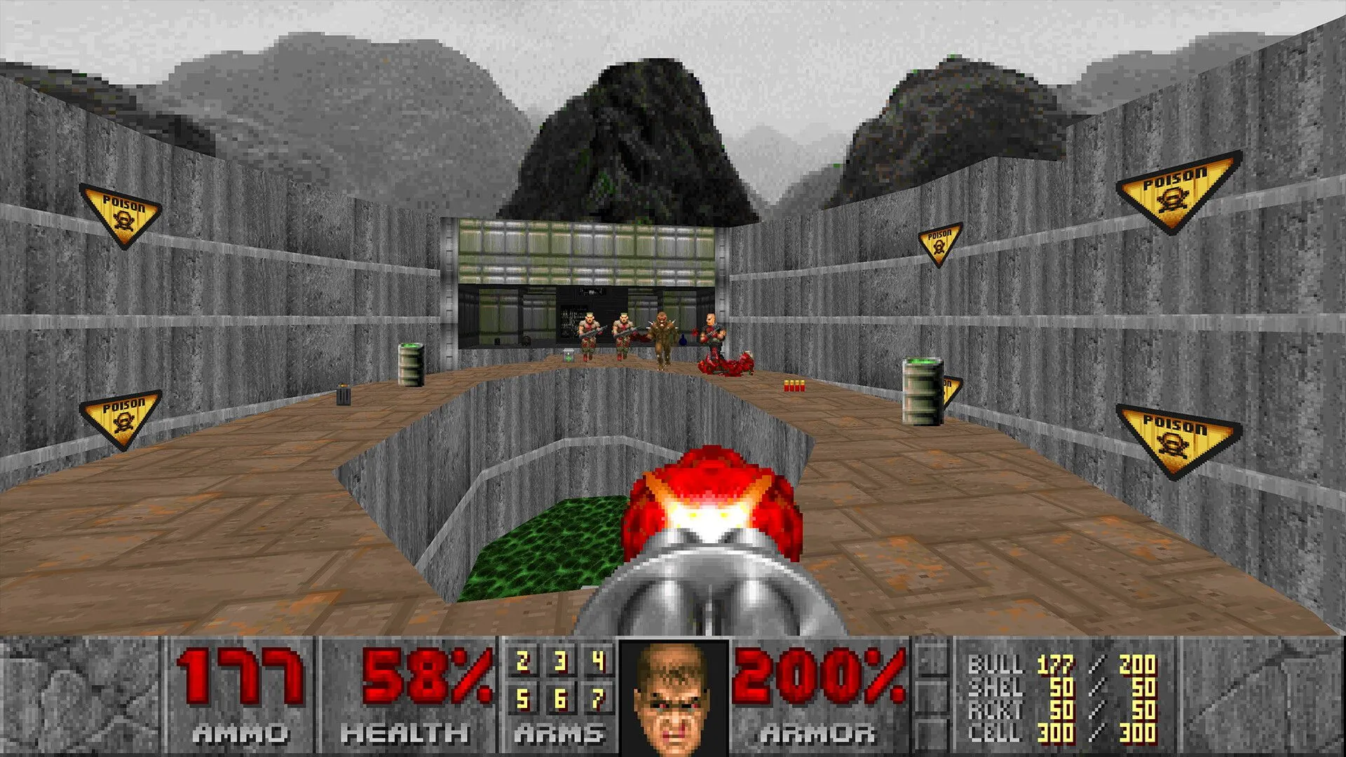 DOOM (1993) cảnh chiến đấu ác liệt, thể hiện môi trường game đậm chất hành động