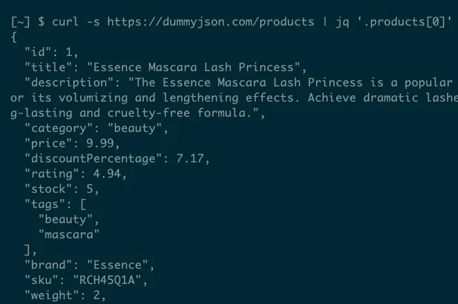 Dữ liệu định dạng JSON đại diện cho một sản phẩm thu được từ dummyjson.com bằng cách sử dụng curl và jq.
