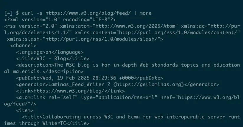 Dữ liệu định dạng XML thu được qua một yêu cầu curl đến một URL nguồn cấp RSS.
