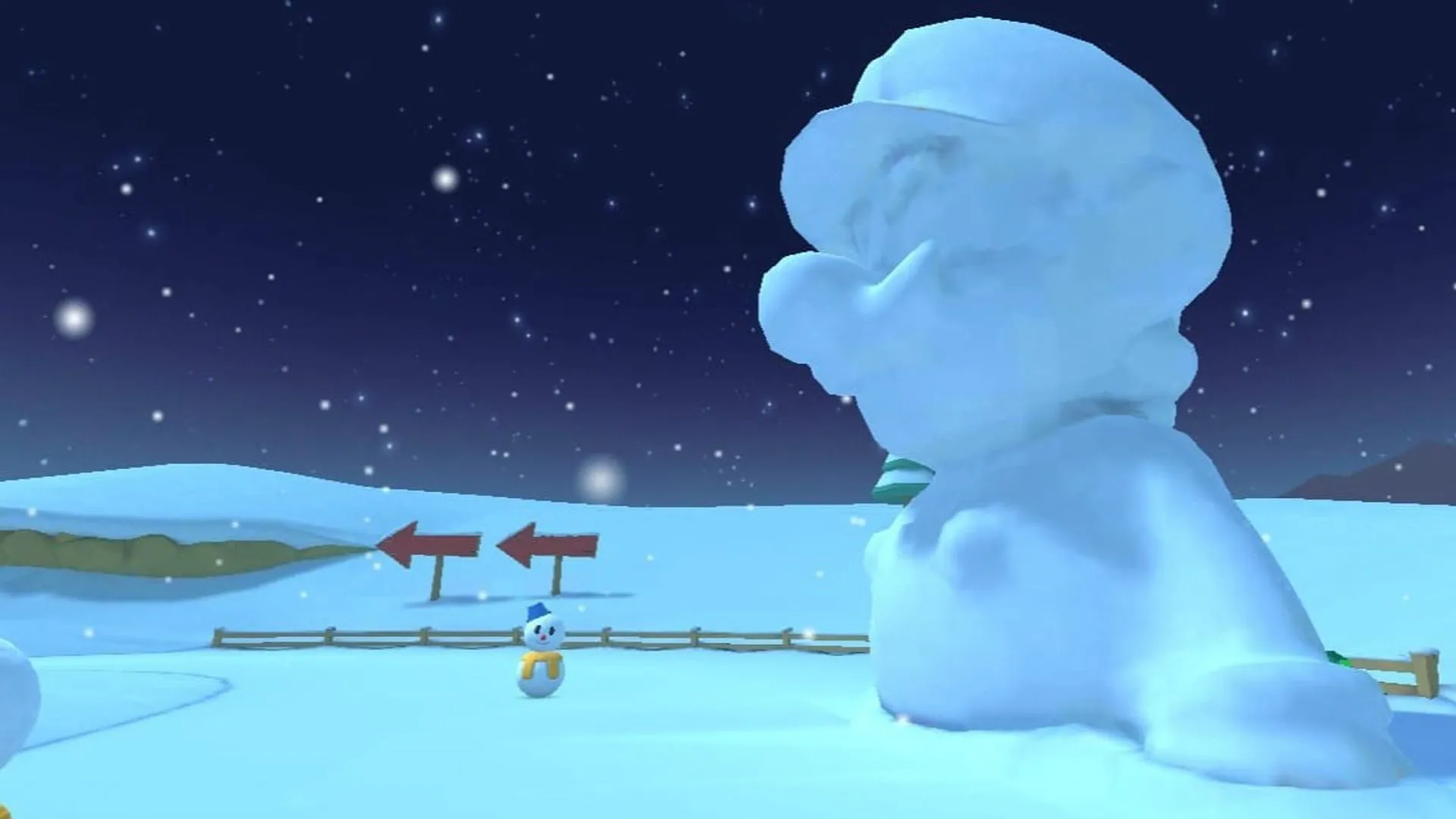 Đường đua Frappe Snowland N64 trong Mario Kart Tour, với những người tuyết khổng lồ.