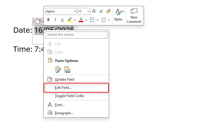 Edit Field được chọn trong menu thả xuống chuột phải trên một trường ngày tháng trong Microsoft Word