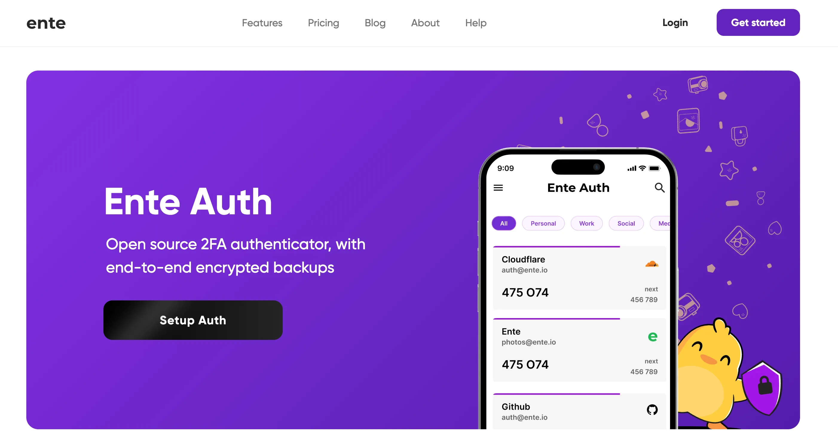 Ente Auth banner trang chủ, minh họa ứng dụng xác thực 2 yếu tố đa nền tảng