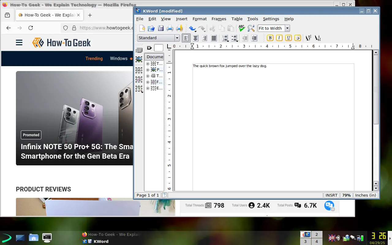 EXE với Firefox và KWord đang chạy trên Trinity desktop, minh họa khả năng đa nhiệm