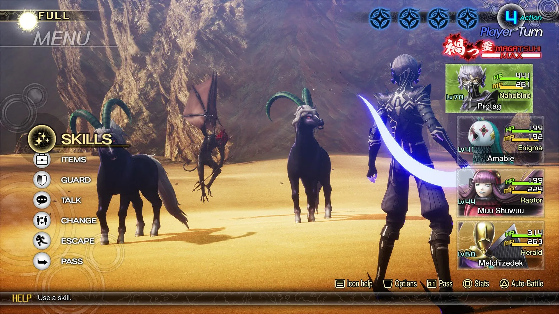 Gameplay của Shin Megami Tensei V Vengeance, nơi nhân vật chính và các quỷ đồng minh đối đầu với kẻ thù trong một trận chiến theo lượt, thể hiện chiều sâu chiến thuật