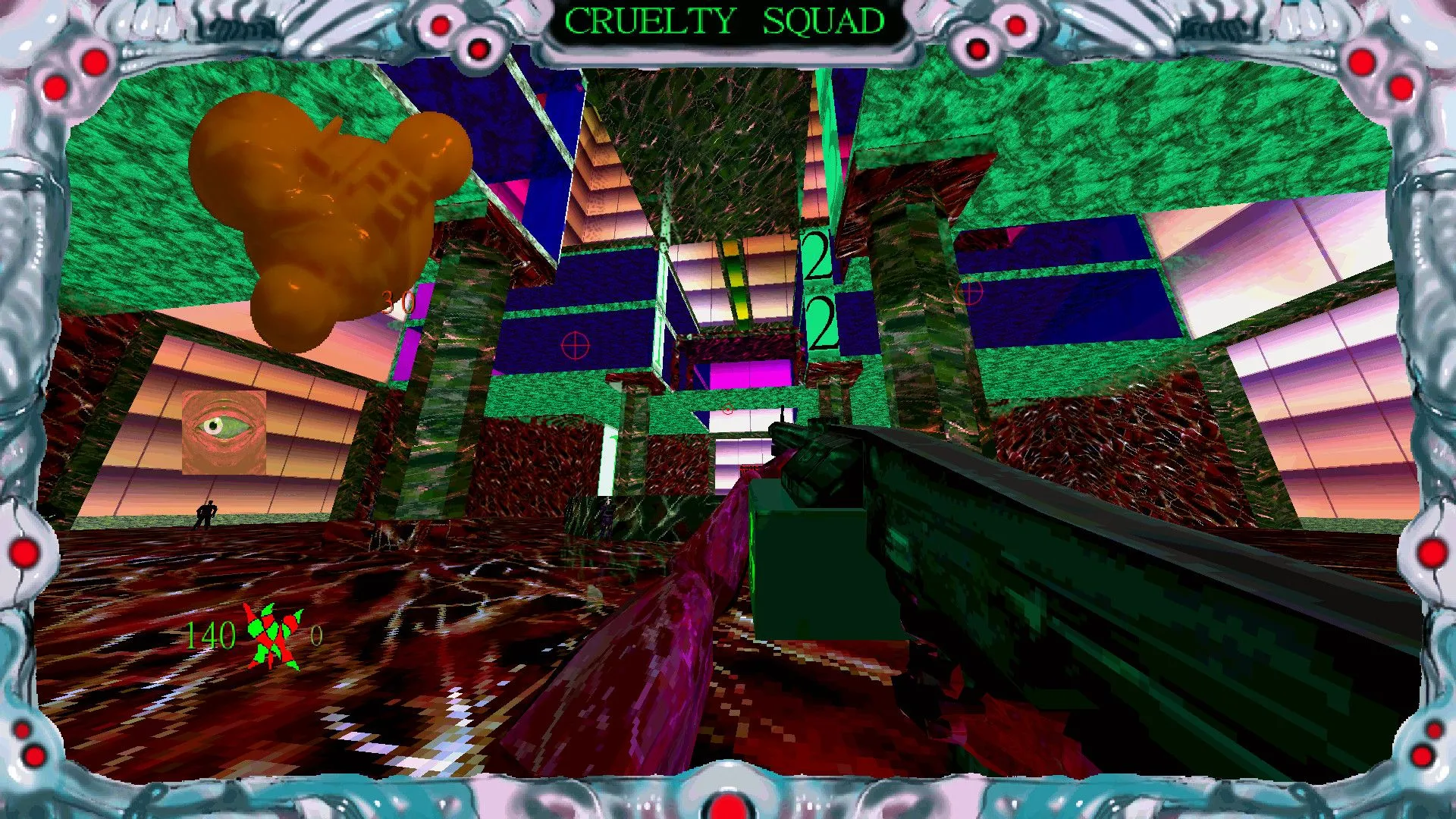 Gameplay đầy màu sắc và hỗn loạn của Cruelty Squad, thể hiện đồ họa cực đoan và gây phân cực.