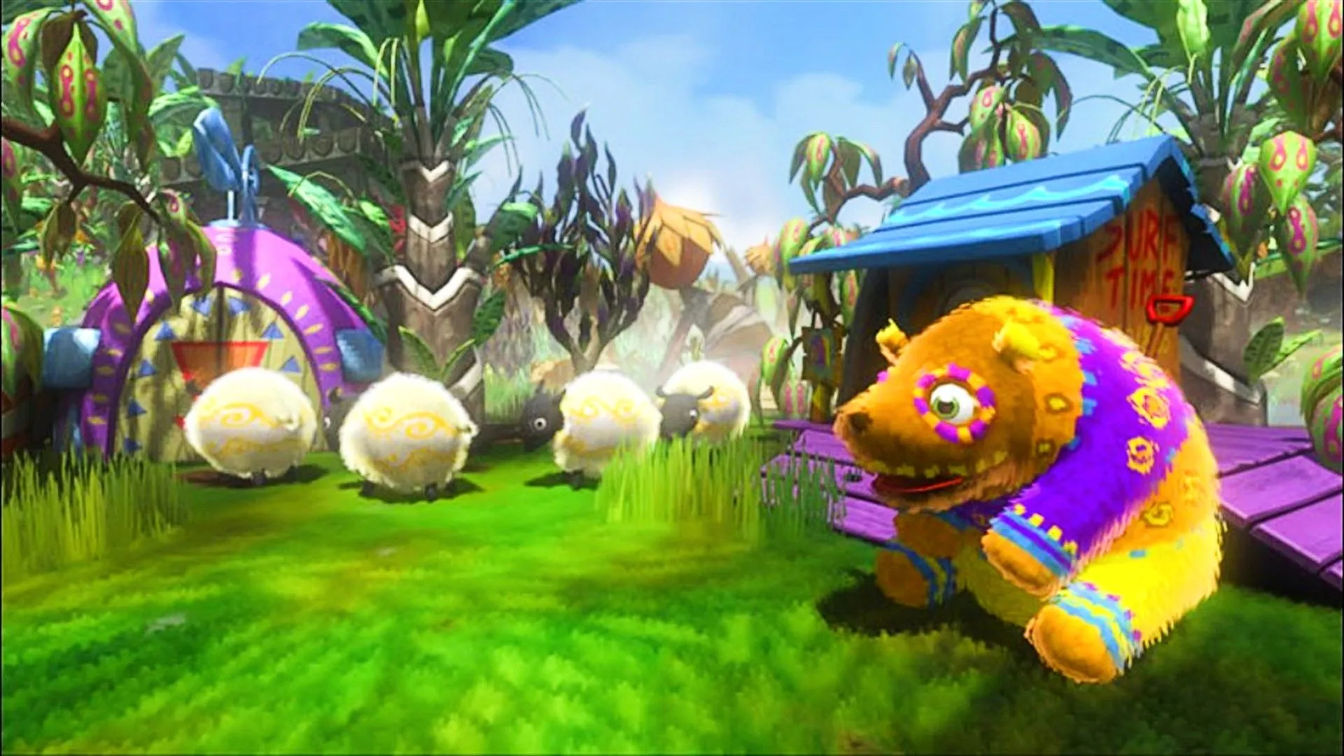 Gấu piñata và cừu piñata trong một khu vườn xanh tươi gần nhà thú cưng trong Viva Piñata