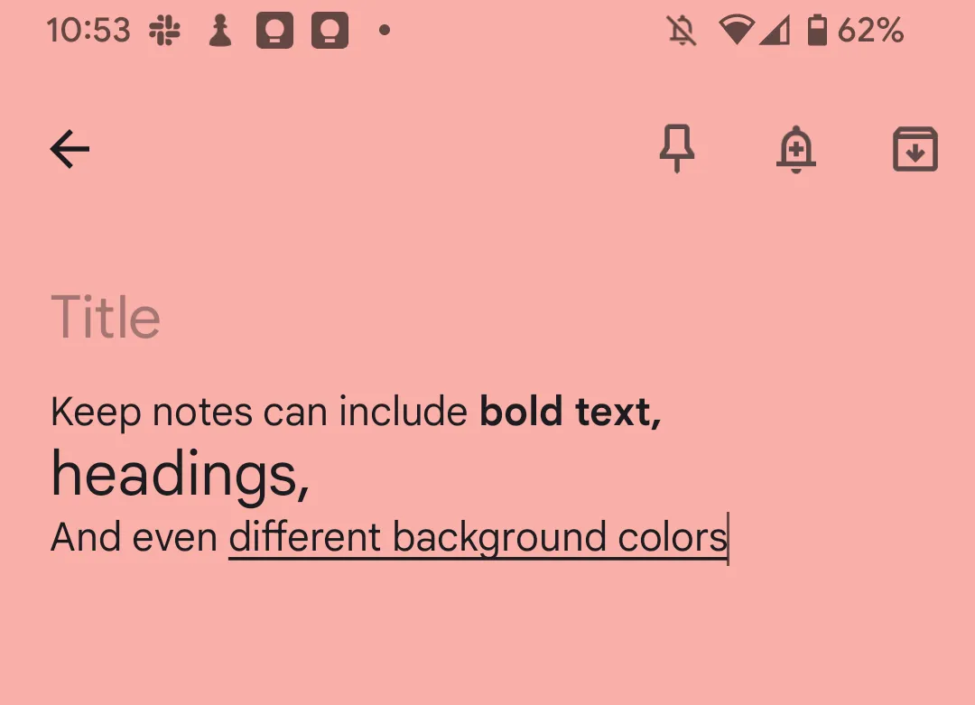 Ghi chú Google Keep với định dạng văn bản phong phú bao gồm chữ in đậm và màu nền