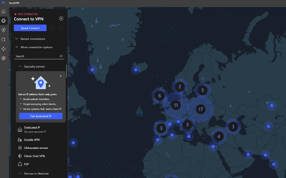Giao diện bản đồ của NordVPN hiển thị kết nối bảo mật toàn cầu
