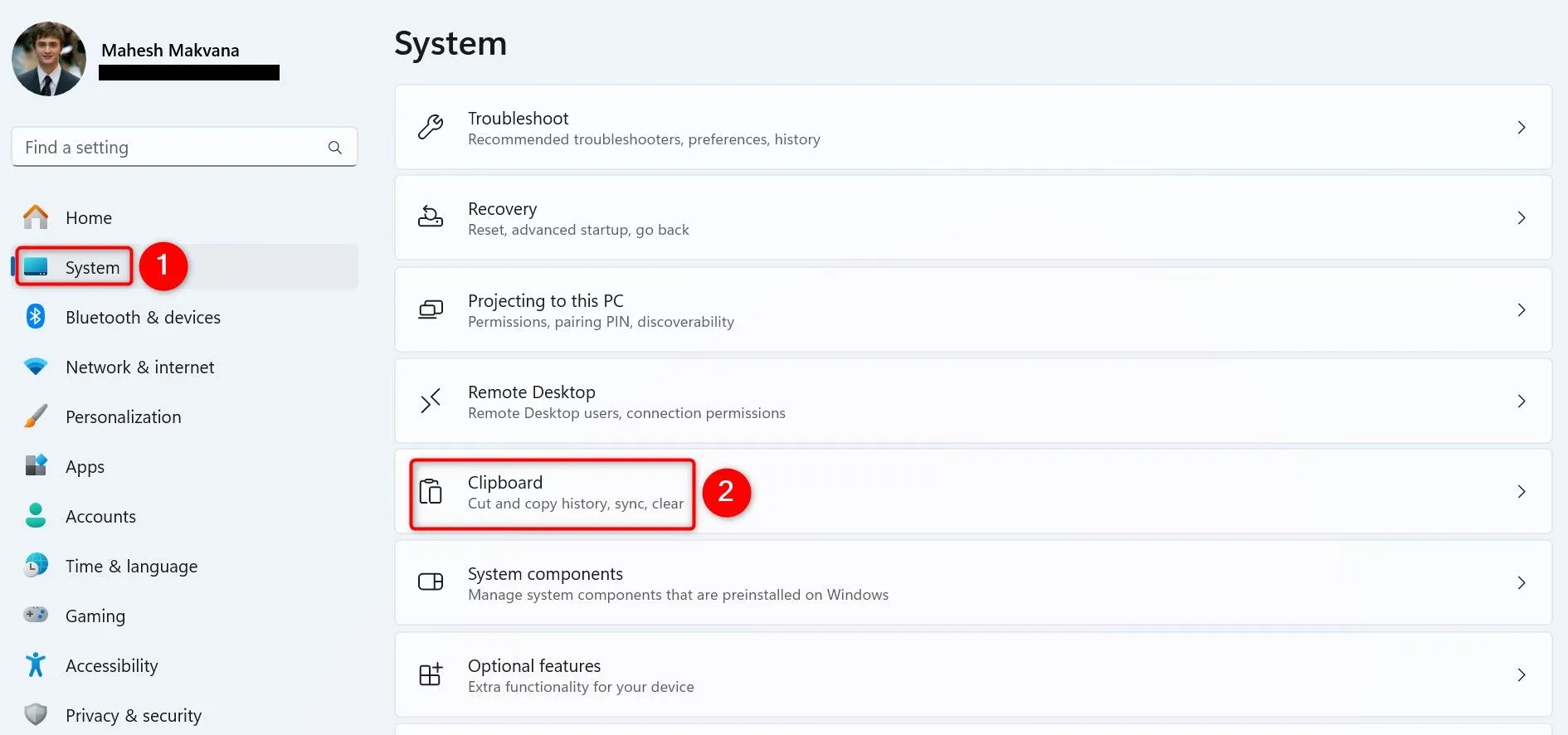 Giao diện Cài đặt Clipboard trong Windows 11