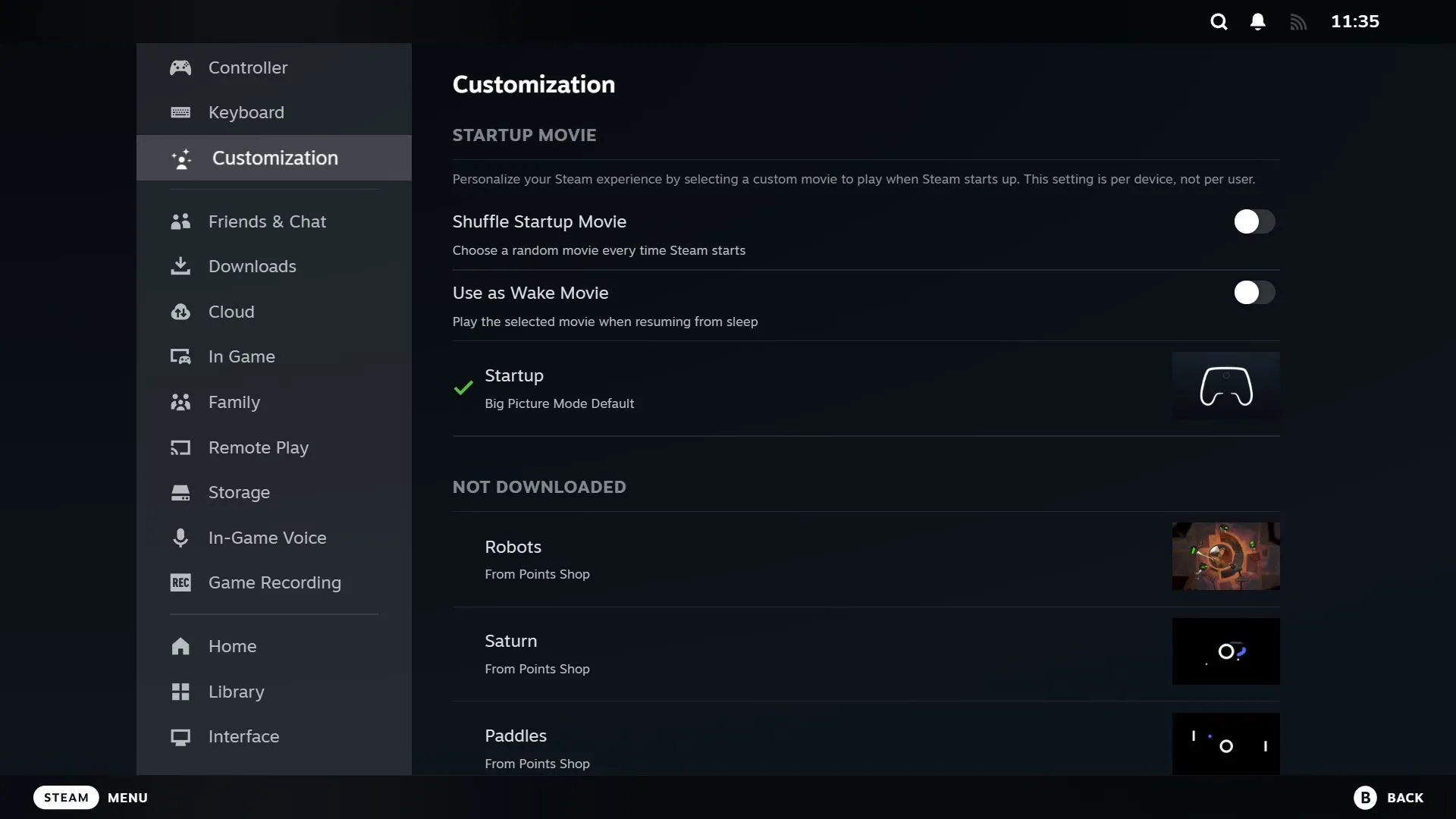 Giao diện cài đặt Tùy chỉnh trên Steam, nơi quản lý các video khởi động