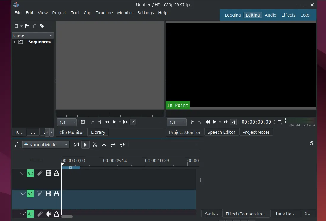 Giao diện chính của Kdenlive đang chạy trên hệ điều hành Ubuntu, thể hiện các công cụ biên tập video chuyên nghiệp.