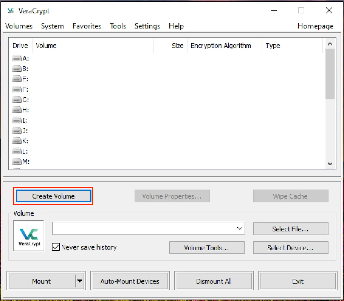 Giao diện chính của VeraCrypt với tùy chọn &quot;Create Volume&quot; nổi bật để bắt đầu quá trình tạo container mã hóa