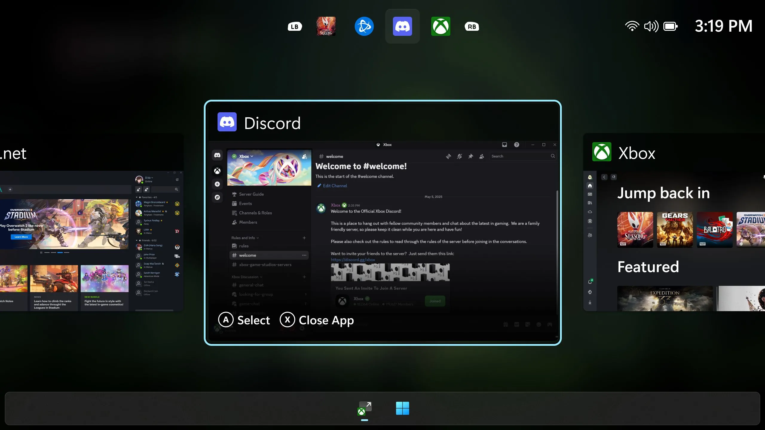 Giao diện chuyển đổi tác vụ thân thiện với tay cầm trên Windows Xbox