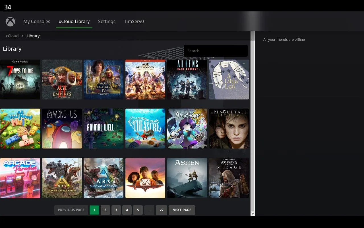 Giao diện danh sách trò chơi Xbox Cloud Gaming trong ứng dụng Greenlight trên Steam Deck