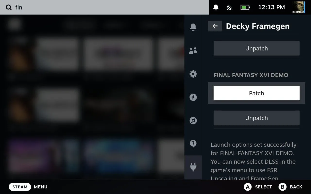 Giao diện Decky Framegen trên Steam Deck, hiển thị nút &quot;Patch&quot; để áp dụng FSR 3 Frame Generation cho game FFXVI demo.