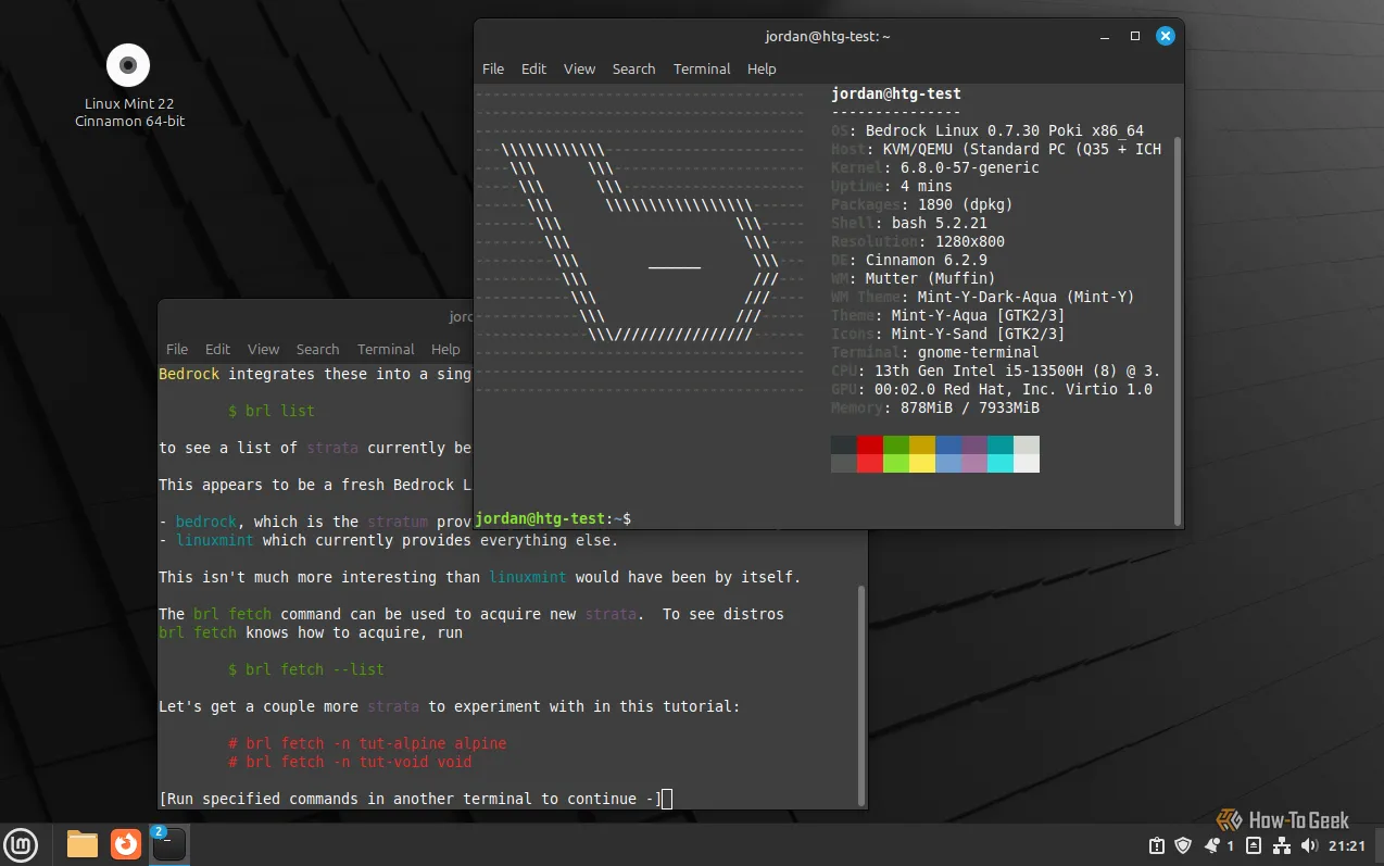 Giao diện desktop Linux Mint Cinnamon chạy Bedrock Linux, thể hiện khả năng kết hợp distro độc đáo.