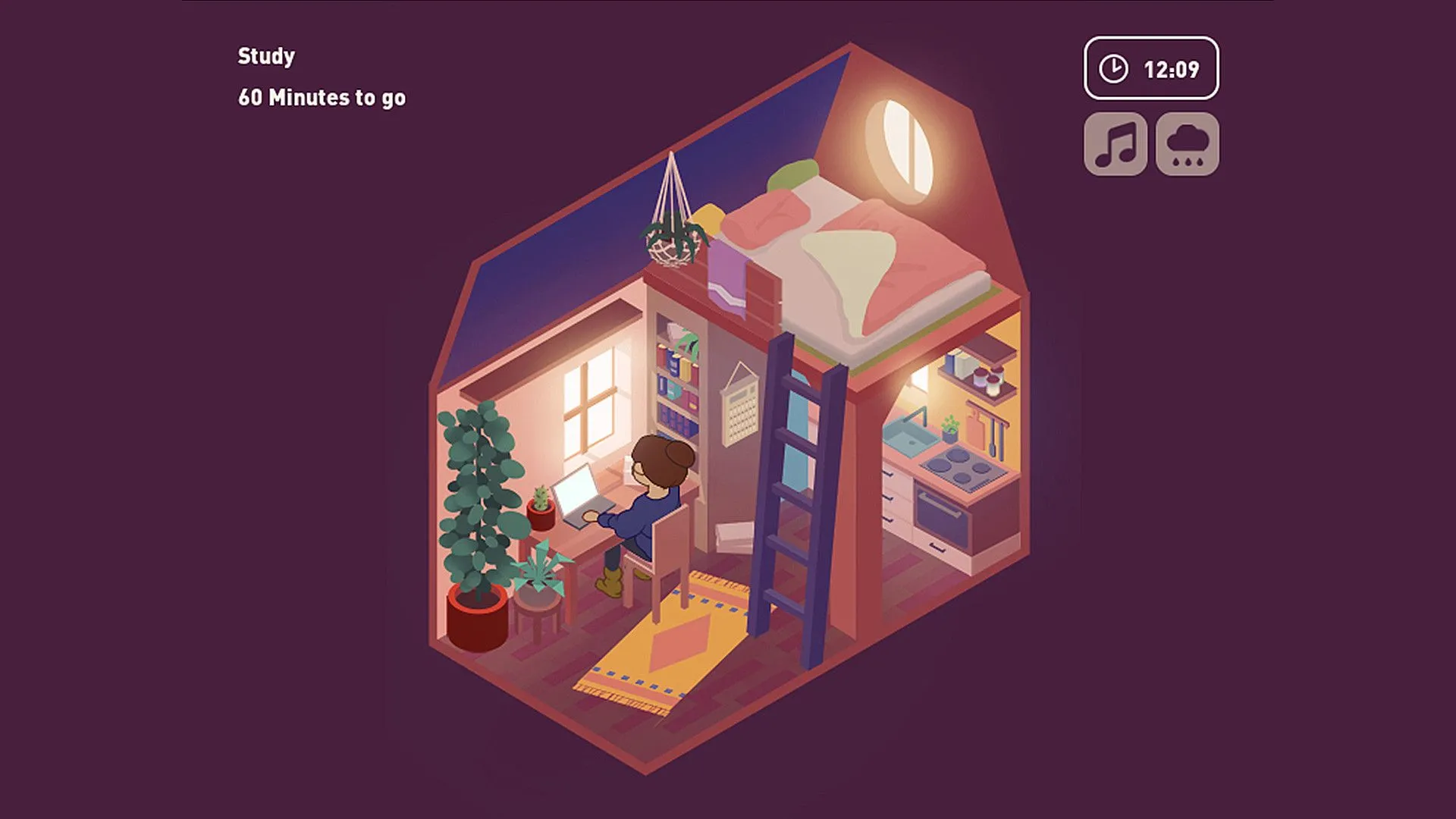 Giao diện đơn giản của Virtual Cottage với khung cảnh ấm cúng giúp người dùng tập trung làm việc