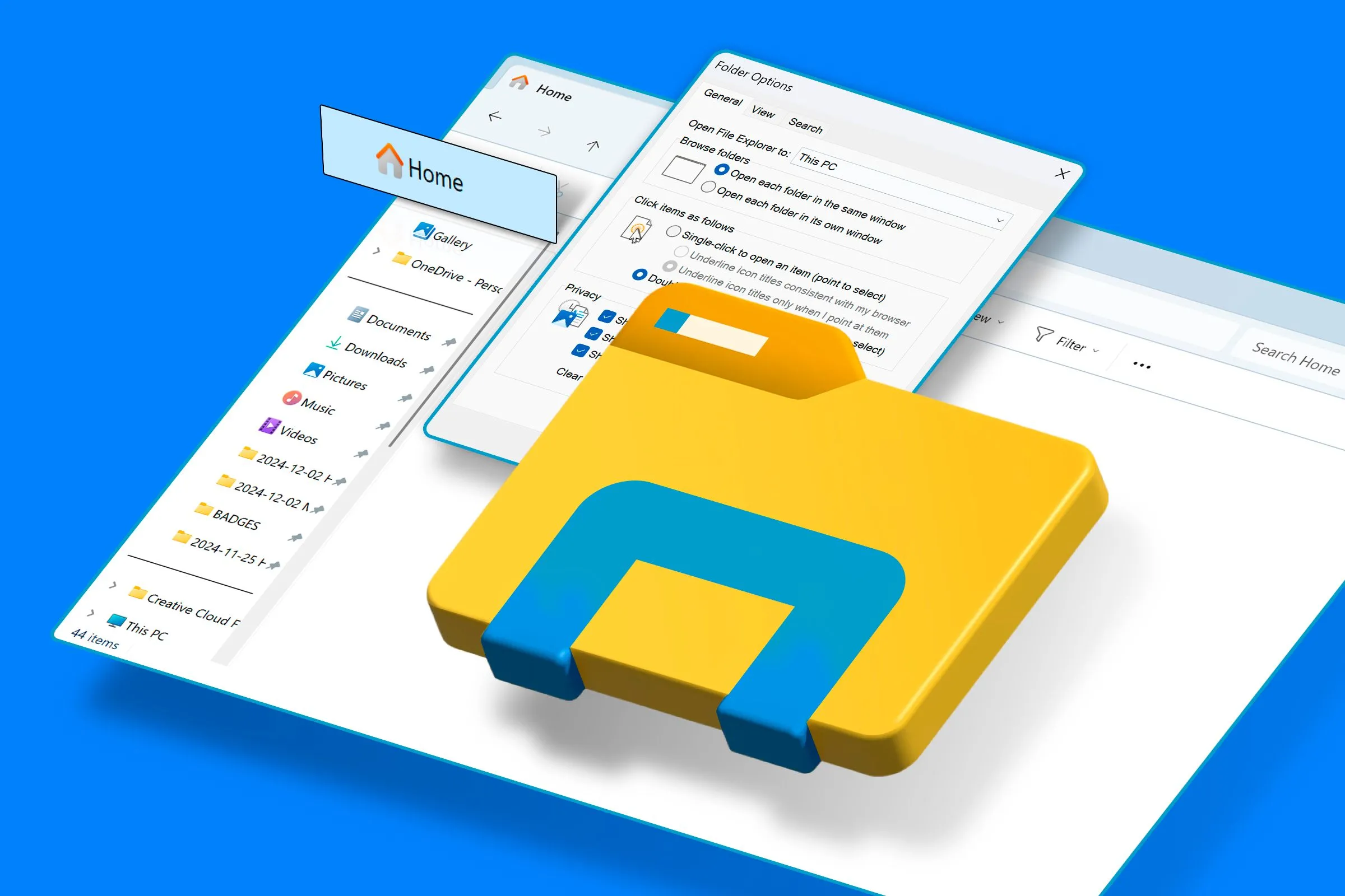 Giao diện File Explorer trên Windows 11 với thư mục Home được đánh dấu, minh họa những cải tiến trong tính năng tìm kiếm của hệ điều hành.