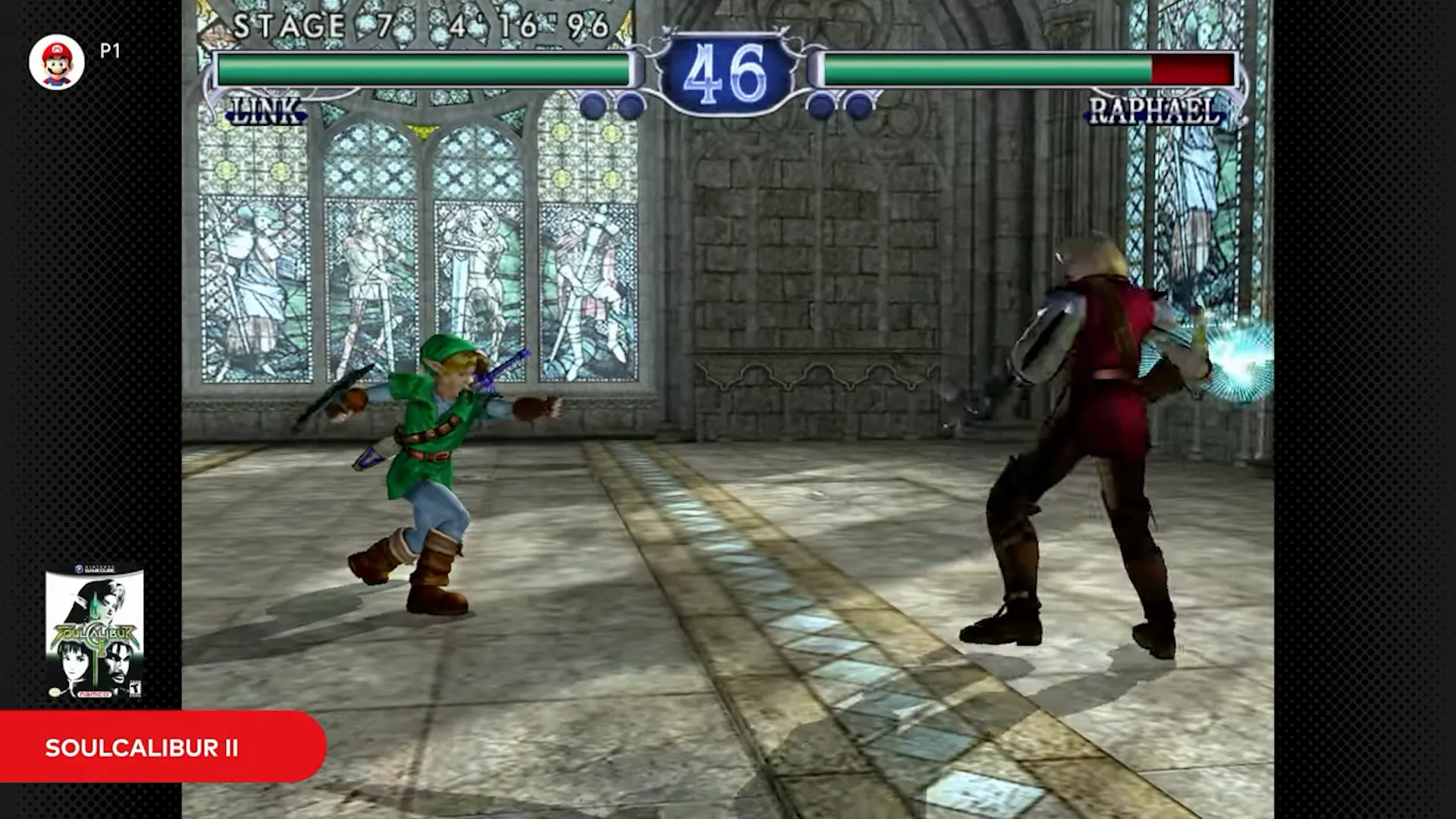 Giao diện game đối kháng Soulcalibur II chạy trên ứng dụng giả lập GameCube của Nintendo Switch Online + Expansion Pack.