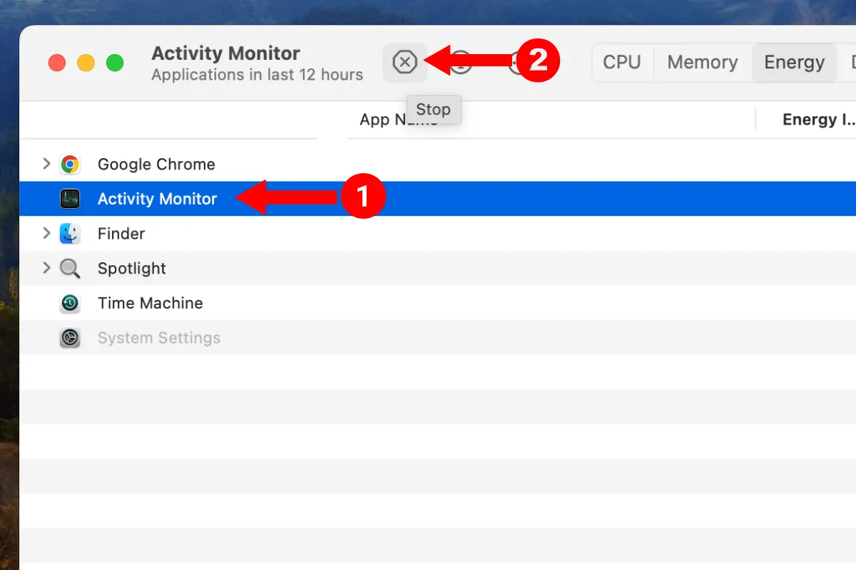 Giao diện Giám sát Hoạt động (Activity Monitor) trên macOS hiển thị ứng dụng đang chạy.