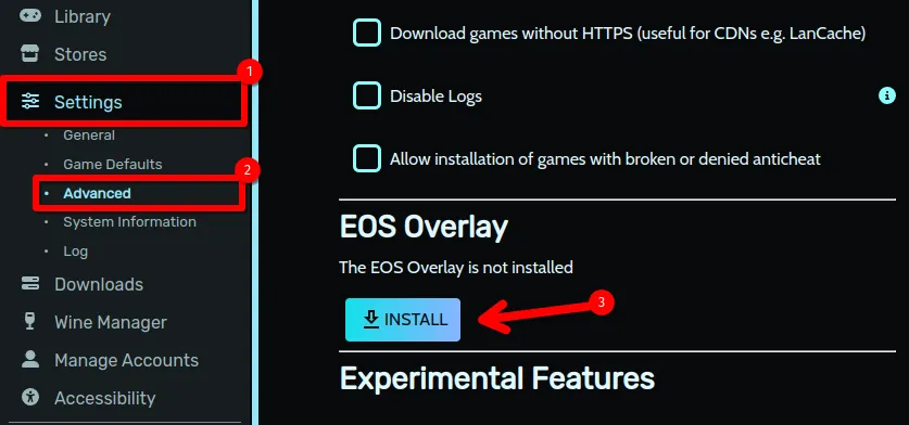 Giao diện Heroic Games Launcher với các tùy chọn Settings, Advanced và nút Install cho EOS Overlay được đánh dấu
