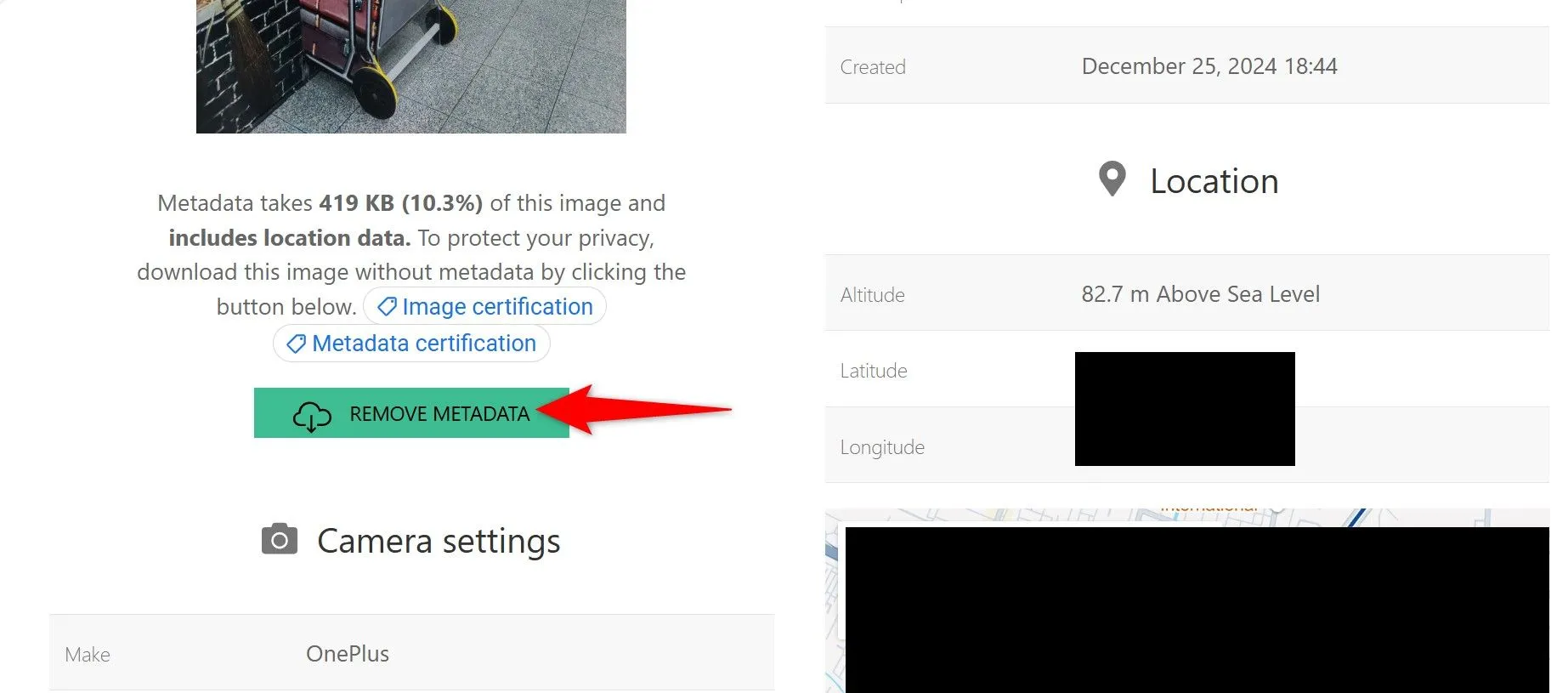 Giao diện Jimpl.com hiển thị tùy chọn &quot;Remove Metadata&quot;