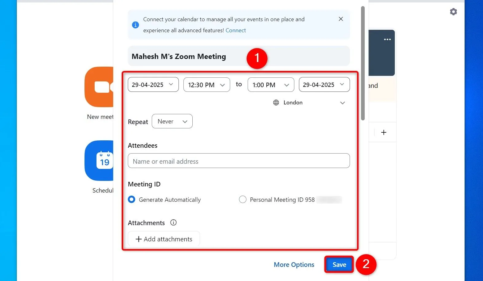 Giao diện &quot;Lên lịch cuộc họp&quot; của Zoom, cho phép thiết lập các chi tiết và tùy chọn cuộc họp định kỳ.