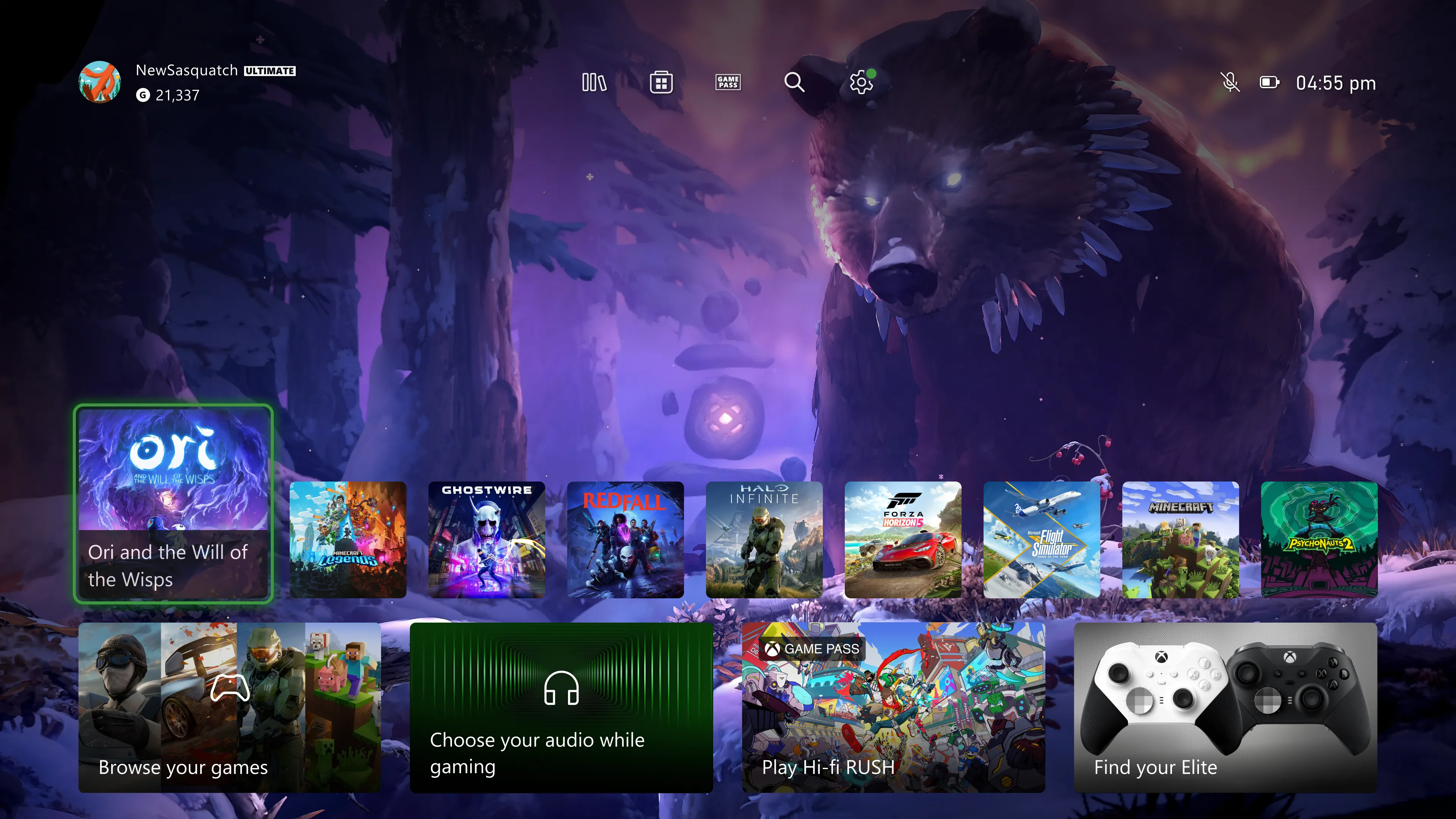 Giao diện màn hình chính Xbox với menu truy cập nhanh ở phía trên, thể hiện trải nghiệm người dùng tối ưu trên console.