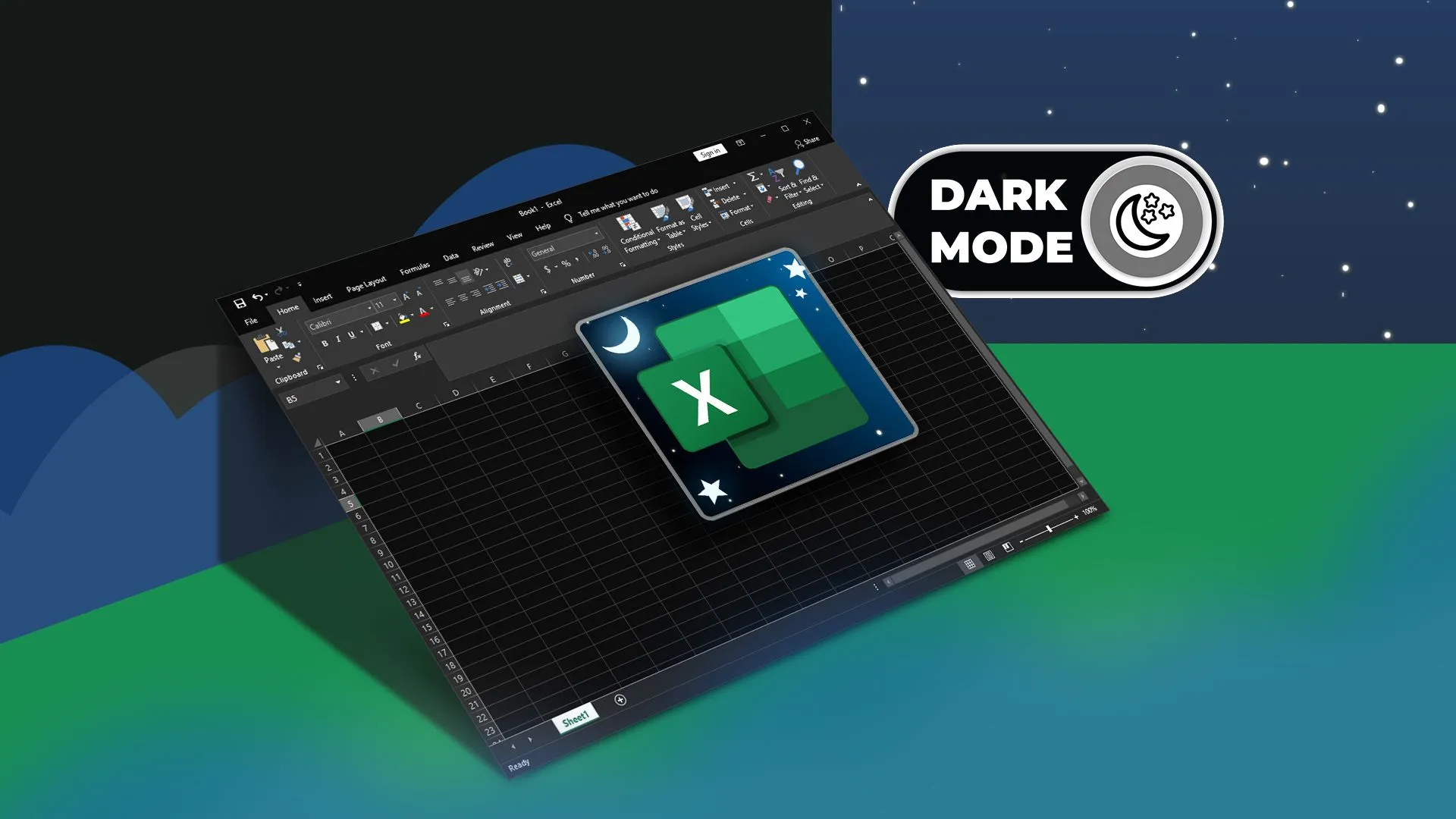 Giao diện Microsoft Excel đang ở chế độ tối (Dark Mode) trên hệ điều hành Windows.