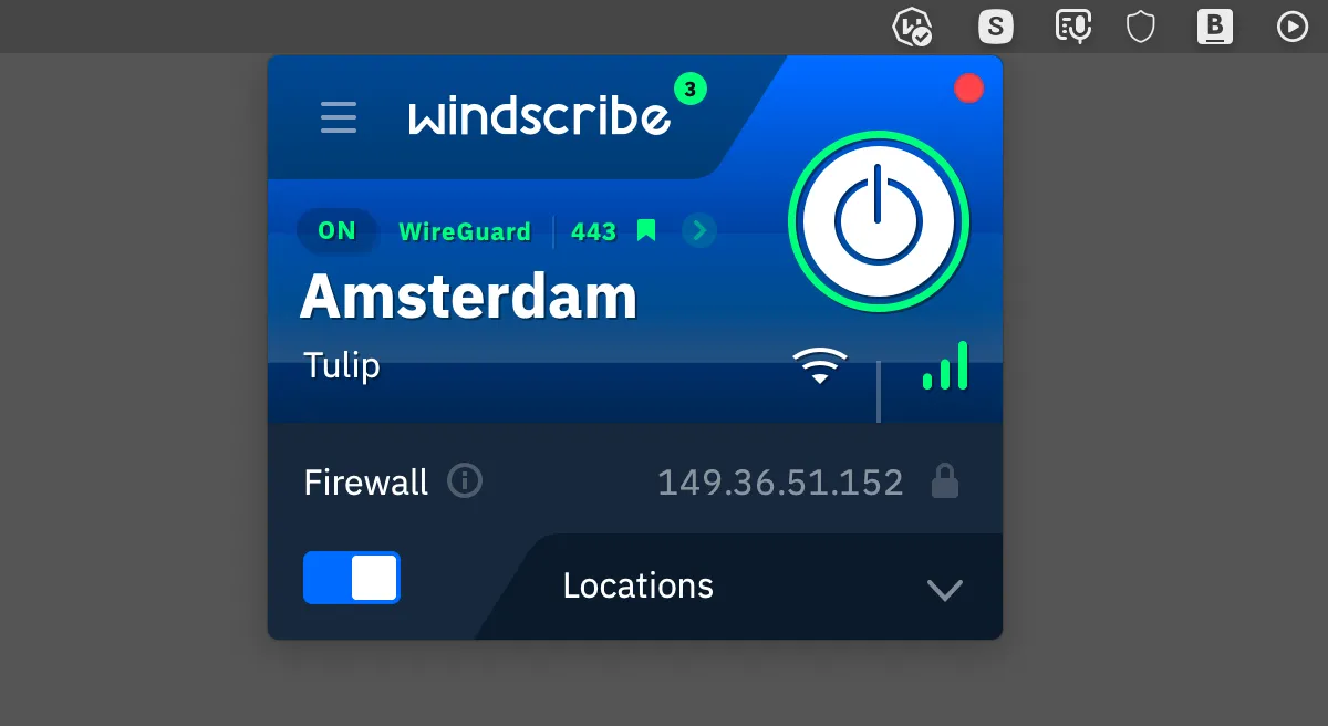 Giao diện người dùng của Windscribe, một dịch vụ VPN nhanh chóng và bảo mật, hiển thị trạng thái kết nối và vị trí máy chủ