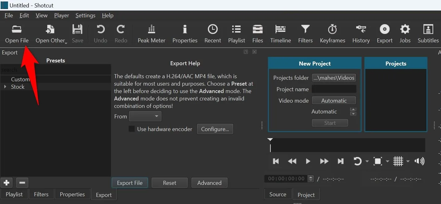 Giao diện người dùng đơn giản của phần mềm chỉnh sửa video Shotcut, thể hiện cửa sổ mở tệp tin.
