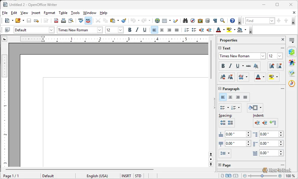Giao diện người dùng OpenOffice Writer với thanh công cụ trên và menu thuộc tính bên phải
