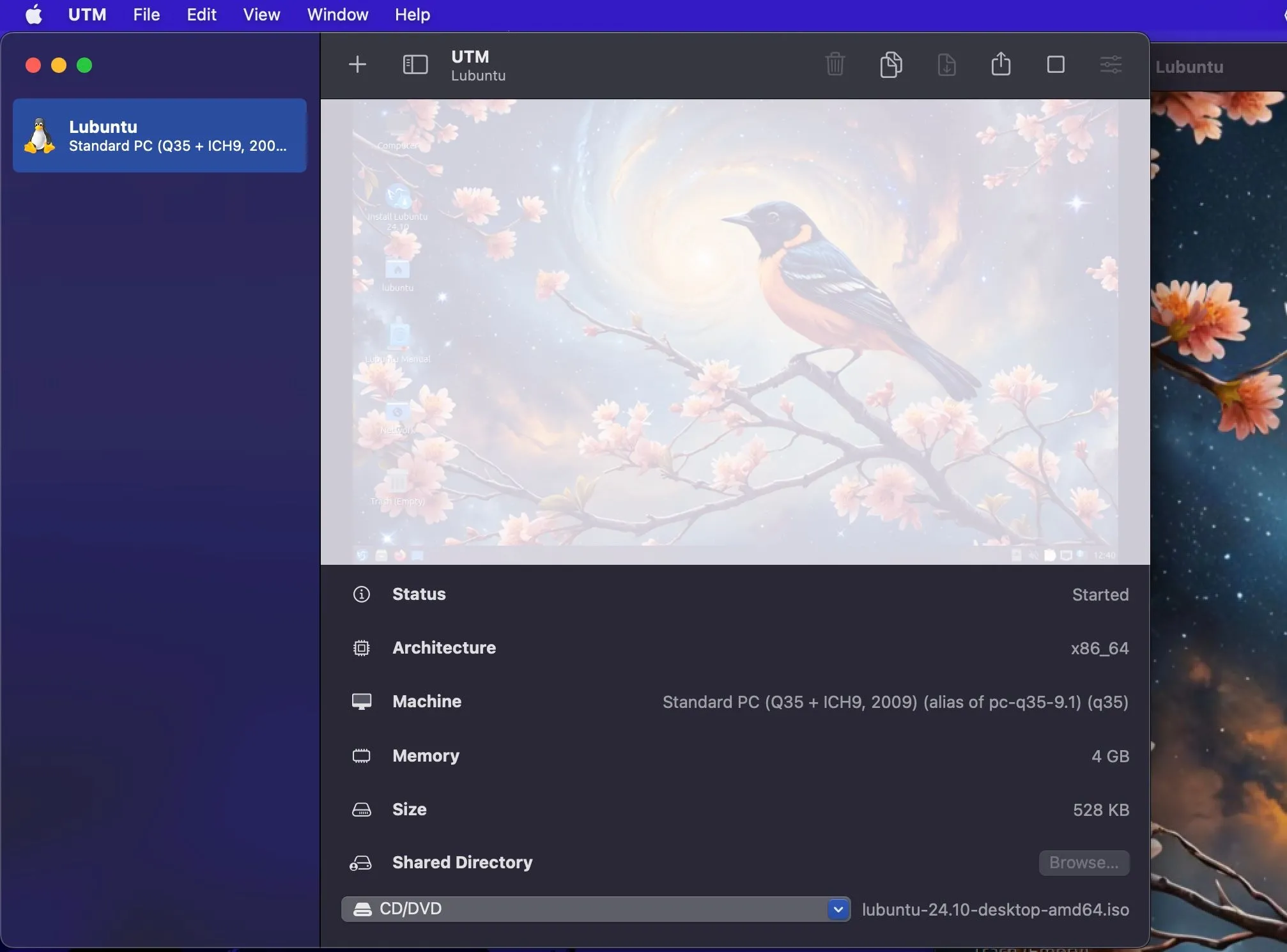 Giao diện người dùng UTM Manager với hệ điều hành Lubuntu đang hoạt động trên máy Mac