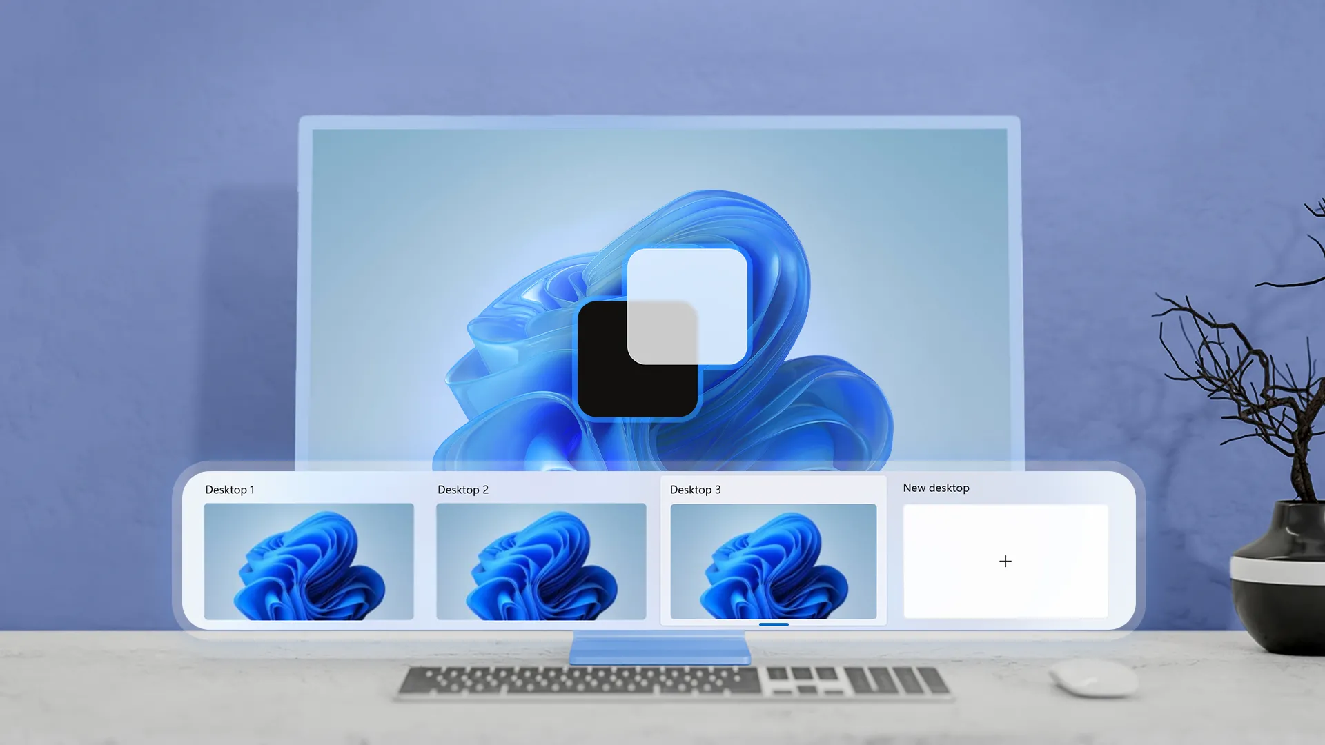 Giao diện người dùng Windows 11 với tính năng xem trước các màn hình ảo, cho thấy sự kế thừa di sản thiết kế Aero.