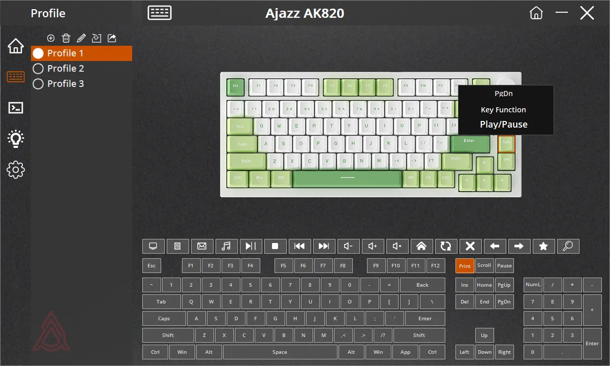 Giao diện phần mềm tùy chỉnh bàn phím Ajazz AK820, hiển thị việc gán lại chức năng phím PgDn cho điều khiển phát/tạm dừng nhạc.