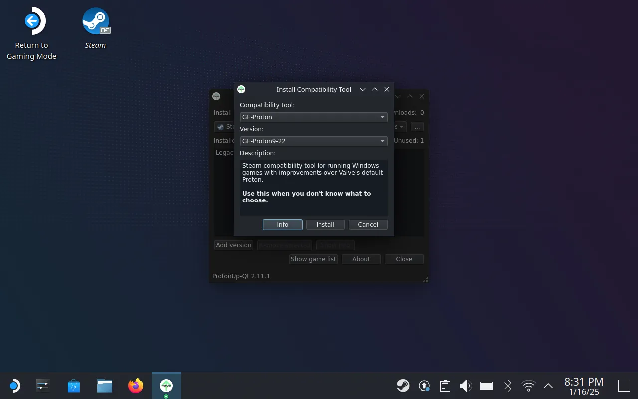 Giao diện ProtonUp-Qt trên SteamOS, cho phép cài đặt các phiên bản GE-Proton để cải thiện tương thích game