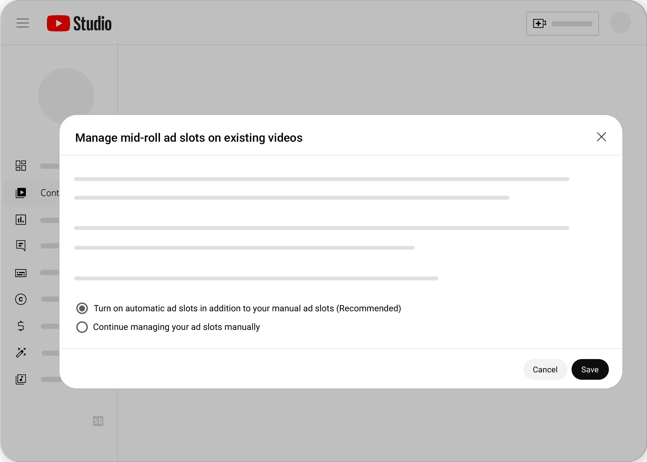 Giao diện quản lý cài đặt quảng cáo tự động mid-roll trong YouTube Studio