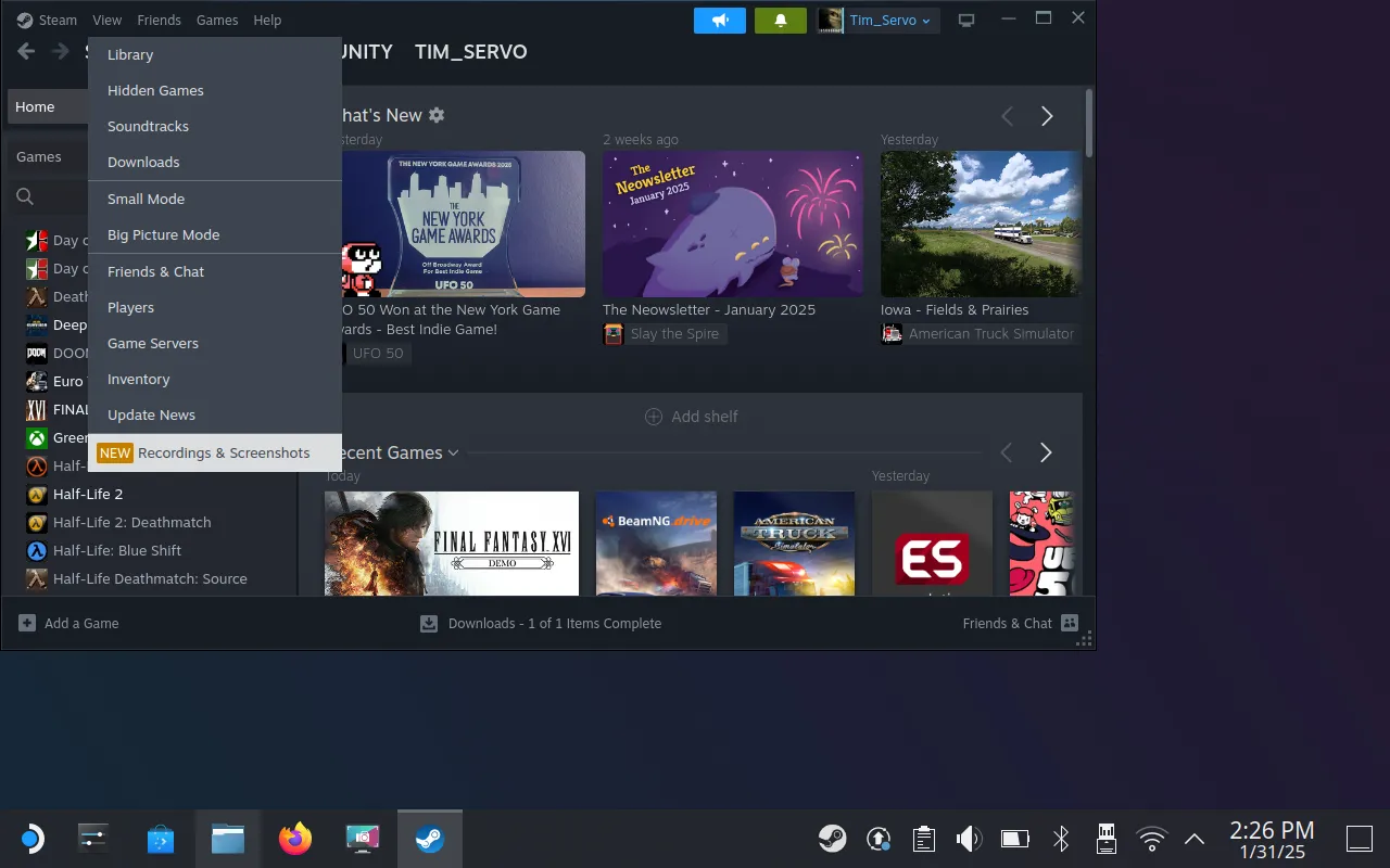 Giao diện Steam trong Desktop Mode hiển thị mục Xem Ảnh chụp màn hình và Bản ghi trên SteamOS