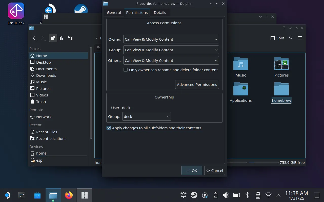 Giao diện thay đổi quyền truy cập (Permissions) cho thư mục homebrew trên Steam Deck, cho phép người dùng xem và chỉnh sửa nội dung.