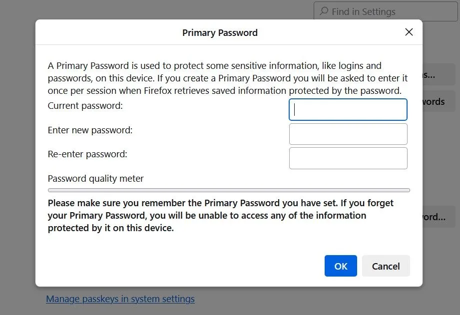 Giao diện thiết lập mật khẩu chính để bảo vệ dữ liệu đăng nhập trên Firefox.