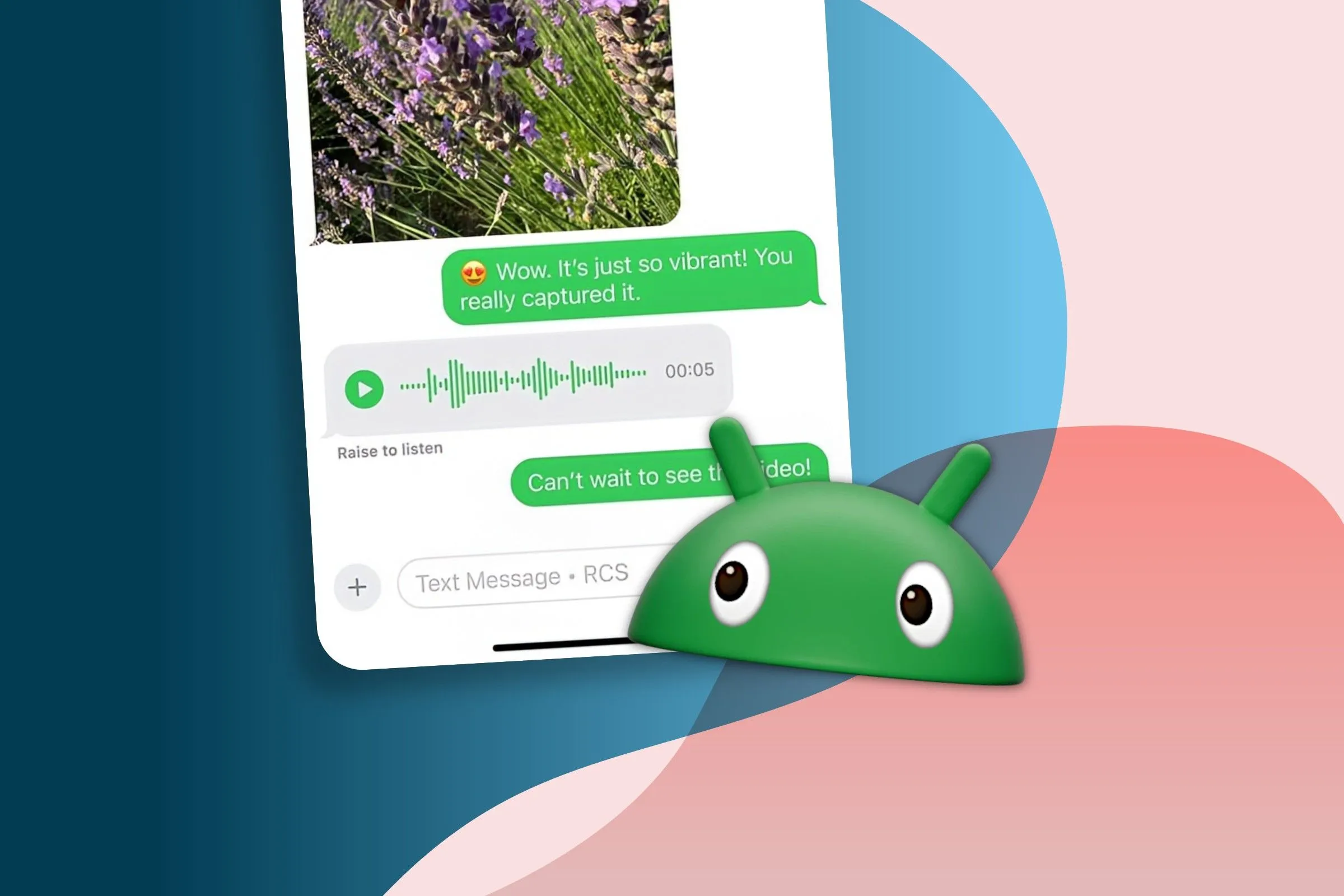 Giao diện tin nhắn giữa một iPhone (iOS 18) và điện thoại Android, minh họa khả năng tương thích RCS